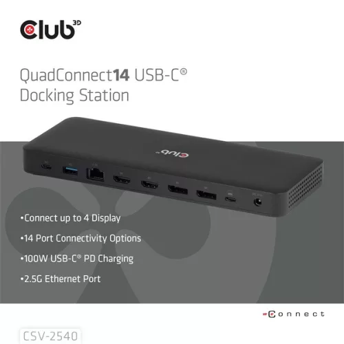 Club 3D Notebook Dokkoló - CSV-2540 (USB-C to 2xUSB-C, 2xUSB-A, 2xHDMI, 2xDP, RJ45, SD/MicroSD, 100W PD, 4K60hz)