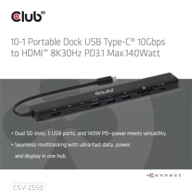   Club 3D USB Hub - CSV-2550 (USB-C to 3xUSB-C, 3xUSB-A, RJ45, SD/MicroSD, 140W PD, HDMI, 8K30hz)