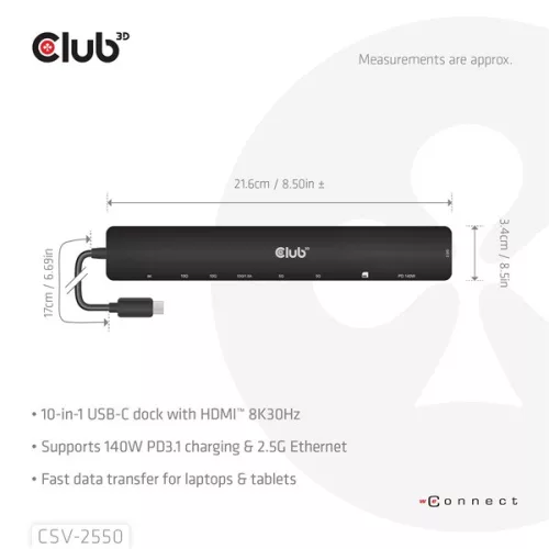 Club 3D USB Hub - CSV-2550 (USB-C to 3xUSB-C, 3xUSB-A, RJ45, SD/MicroSD, 140W PD, HDMI, 8K30hz)