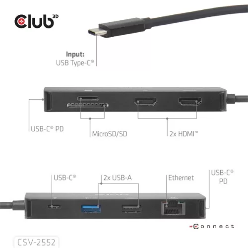 Club 3D USB Hub - CSV-2552 (USB-C to 2xUSB-C, 2xUSB-A, 2xHDMI, RJ45, SD/MicroSD, 100W PD, 4K60hz)