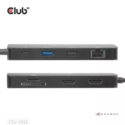 Club 3D USB Hub - CSV-2552 (USB-C to 2xUSB-C, 2xUSB-A, 2xHDMI, RJ45, SD/MicroSD, 100W PD, 4K60hz)