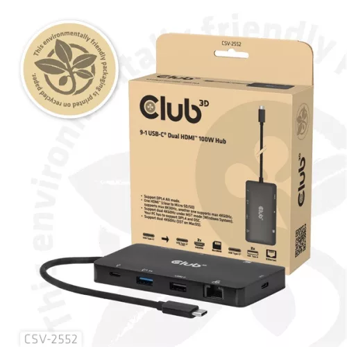 Club 3D USB Hub - CSV-2552 (USB-C to 2xUSB-C, 2xUSB-A, 2xHDMI, RJ45, SD/MicroSD, 100W PD, 4K60hz)