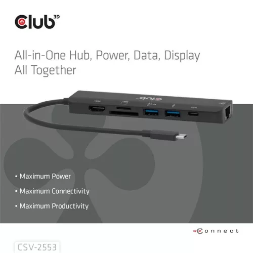 Club 3D USB Hub - CSV-2553 (USB-C to USB-C, 2xUSB-A, HDMI, RJ45, SD/MicroSD, 100W PD, 4K60hz)