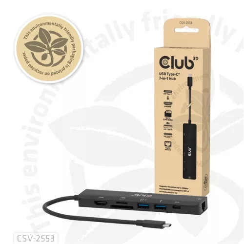 Club 3D USB Hub - CSV-2553 (USB-C to USB-C, 2xUSB-A, HDMI, RJ45, SD/MicroSD, 100W PD, 4K60hz)