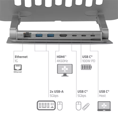 Club 3D Notebook Állvány - CSV-2554 (100W,4K60Hz HDMI, 3x USB-C, RJ-45, 2x USB-A)