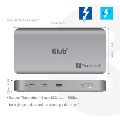 Club 3D Notebook Dokkoló - CSV-2563 (180W,Thunderbolt 5 to 3xUSB-C, USB-A, 1x 8K60Hz, 3x 5K60Hz)