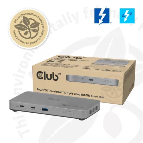Club 3D Notebook Dokkoló - CSV-2563 (180W,Thunderbolt 5 to 3xUSB-C, USB-A, 1x 8K60Hz, 3x 5K60Hz)