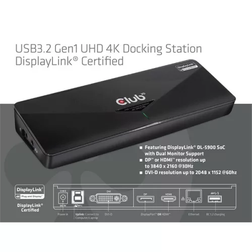 Club 3D Notebook Dokkoló - CSV-3103D (DUAL DISPLAY/4K, 3.2 USB-A to HDMI, DP, DVI-D, 3xUSB-A, RJ45, 3.5 Jack Audio +Mic)