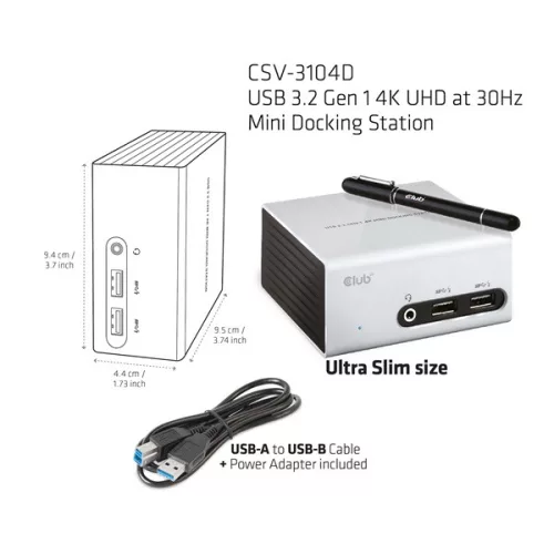 Club 3D Notebook Dokkoló - CSV-3104D (4K UHD, 3.0 USB-A to HDMI, DVI-I, 4xUSB-A, RJ45, 3.5 Jack Audio + Mic)