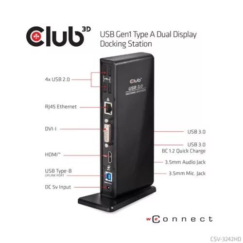 Club 3D Notebook Dokkoló - CSV-3242HD (1200p DUAL DISPLAY, USB-B to HDMI, DVI-I, 6xUSB-A, RJ45, 3.5 Jack Audio + Mic)