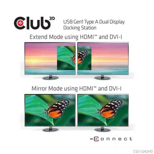 Club 3D Notebook Dokkoló - CSV-3242HD (1200p DUAL DISPLAY, USB-B to HDMI, DVI-I, 6xUSB-A, RJ45, 3.5 Jack Audio + Mic)
