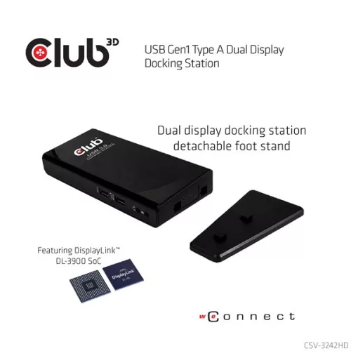 Club 3D Notebook Dokkoló - CSV-3242HD (1200p DUAL DISPLAY, USB-B to HDMI, DVI-I, 6xUSB-A, RJ45, 3.5 Jack Audio + Mic)