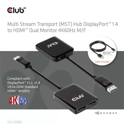 Club 3D USB Hub - CSV-7200H (Multi Stream, DisplayPort 1.4 to 2xHDMI, 2x4K60Hz)