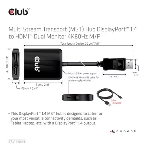 Club 3D USB Hub - CSV-7200H (Multi Stream, DisplayPort 1.4 to 2xHDMI, 2x4K60Hz)