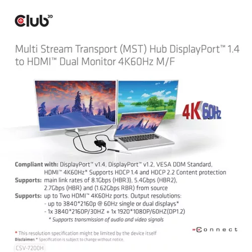 Club 3D USB Hub - CSV-7200H (Multi Stream, DisplayPort 1.4 to 2xHDMI, 2x4K60Hz)
