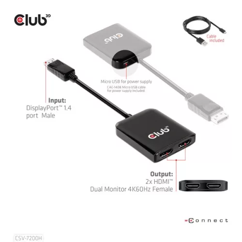 Club 3D USB Hub - CSV-7200H (Multi Stream, DisplayPort 1.4 to 2xHDMI, 2x4K60Hz)