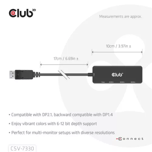 Club 3D Átalakító - CSV-7330 (DisplayPort 2.1 to 3xHDMI, 8K60Hz, HDR, HDCP 2.3, HPD, ALT mode)