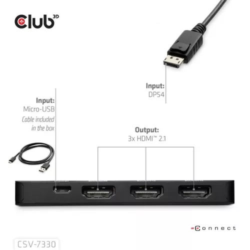 Club 3D Átalakító - CSV-7330 (DisplayPort 2.1 to 3xHDMI, 8K60Hz, HDR, HDCP 2.3, HPD, ALT mode)