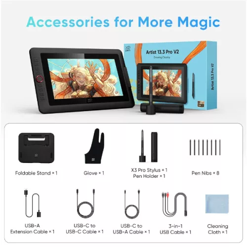 XP-PEN Grafikus kijelző - Artist 13.3 PRO V2 (13", IPS, 16:9, 1920x1080, 5080 LPI, PS 16k, 200 RPS, 9 gomb) fekete