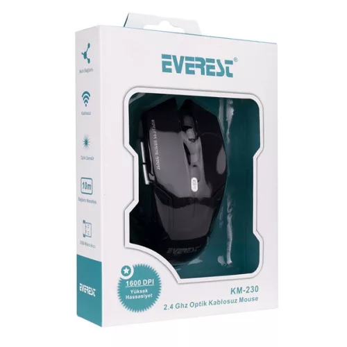 Everest Vezeték nélküli Egér - KM-230 Black (1600 DPI, 4gomb, optikai, fekete)