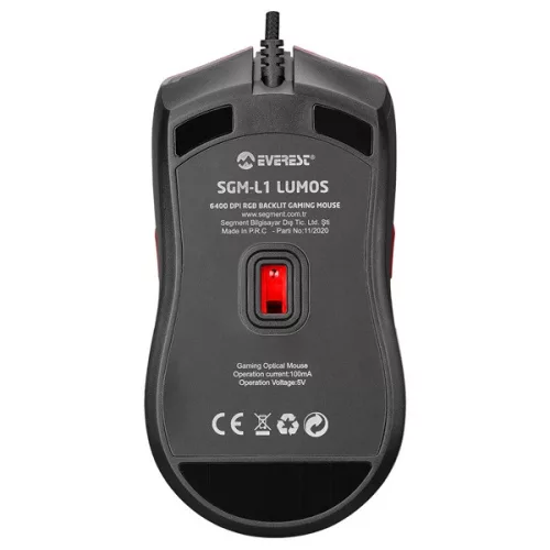 Everest Gamer Egér - SGM-L1 LUMOS Red (6400 DPI, 8gomb, 1,65m harisnyázott kábel,optikai, piros, RGB LED)
