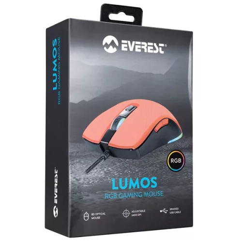 Everest Gamer Egér - SGM-L1 LUMOS Red (6400 DPI, 8gomb, 1,65m harisnyázott kábel,optikai, piros, RGB LED)