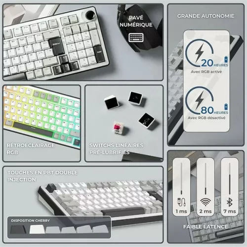 The G-Lab Vezeték nélküli Gamer Billentyűzet - KEYZ ELITE 400 WG/US (RGB, 2,4Ghz+BT+Wired, 8000Hz, USB, fehér-szü angol)
