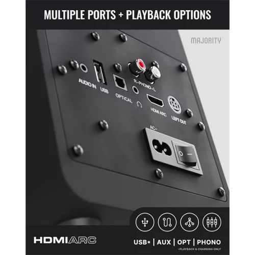 Majority Hangszóró 2.0 - D70X Fekete (70W, Bluetooth 5.3, USB, AUX, HDMI ARC, RCA, USB, Optikai, Távírányító)