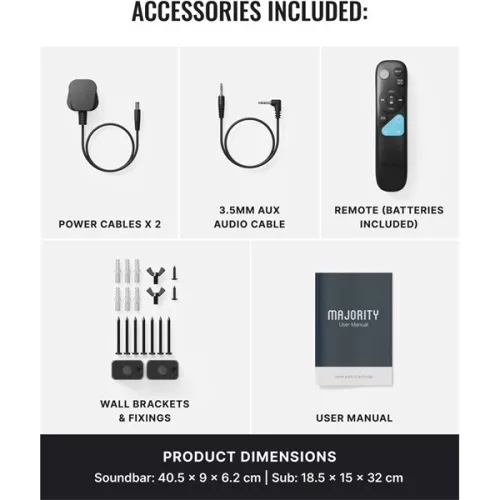 Majority Hangszóró Soundbar - Bowfell Axis 2.1 Atmos (200W, BT 5.0, HDMI ARC, AUX, USB, Optikai, Távírányító, Mélynyomó)