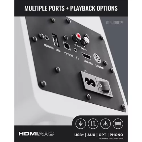 Majority Hangszóró 2.0 - D70X Fehér (70W, Bluetooth 5.3, USB, AUX, HDMI ARC, RCA, USB, Optikai, Távírányító)