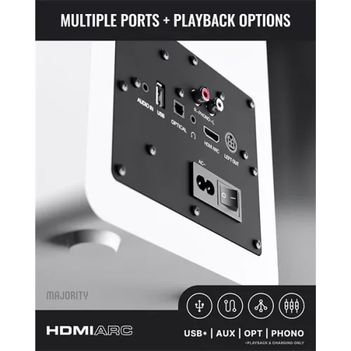 Majority Hangszóró 2.0 - D100X Fehér (100W, Bluetooth 5.3, USB, AUX, HDMI ARC, RCA, USB, Optikai, Távírányító)