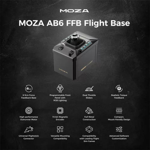 Moza Racing csomag - Flight AB6 Simulator szett (Direct Drive, 6Nm, 15bit, AB6 FFB Bázis, MHG Flightstick)