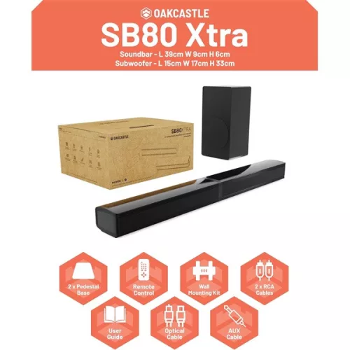 Oakcastle Hangszóró Soundbar - SB80 Xtra Split (200W, Bluetooth 5.3, HDMI ARC, AUX, USB, Optikai, Távírányító)