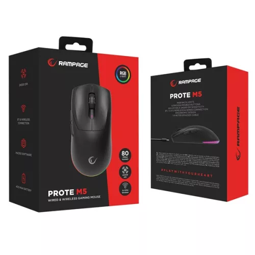 Rampage Vezeték Nélküli Egér - PROTE M5 (Pixart PAW3311, Huano 80M, 24000 DPI, 400mAh, 6 gomb, RGB, Type-C, fekete)