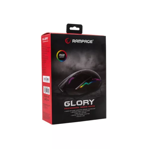 Rampage Egér Gamer - SMX-R63 GLORY (6400DPI, 5 gomb, makro, RGB LED, harisnyázott kábel, fekete)