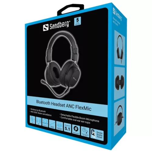Sandberg Wireless Fejhallgató - Bluetooth Headset ANC FlexMic (Bluetooth, hajlítható mikrofon, fekete)