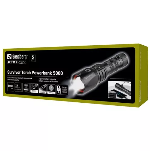 Sandberg Akkubank - Survivor Torch Powerbank 5000 IPX4, (zseblámpa, 1200 lumen, Bemenet: USB-C, Kimenet: USB-A)