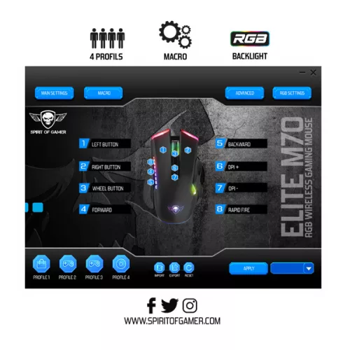 Spirit of Gamer Egér Vezeték nélküli - ELITE-M70 (Optikai, 4800DPI, 8 programozható gomb, Max.: 10m, fekete)