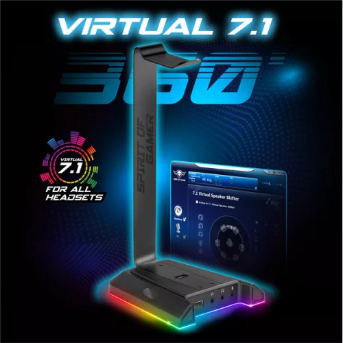 Spirit of Gamer Fejhallgató állvány - SENTINEL 7.1 (3,5mm Jack + 2xUSB2.0, kábelvezetés, 7.1 hangkártya, 1,8m kábel)