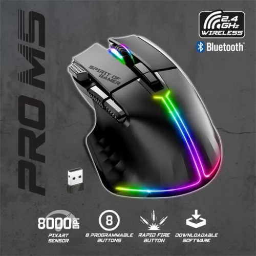 Spirit of Gamer Egér vezeték nélküli - PRO-M5 Wireless (Optikai, 8000DPI, 8 gomb, fekete)