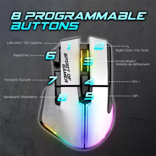 Spirit of Gamer Egér vezeték nélküli - PRO-M5 Arctic Wireless (Optikai, 8000DPI, 8 gomb, fehér)