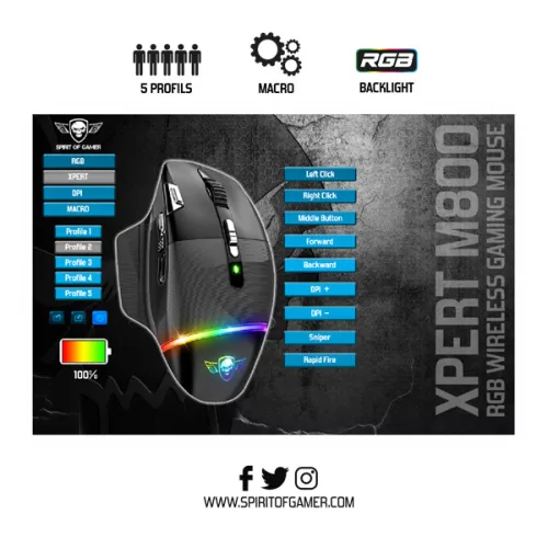 Spirit of Gamer Egér Vezeték nélküli - XPERT-M800 (Optikai, 10 000DPI, 12 programozható gomb, Max.: 10m, fekete)