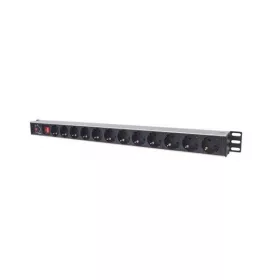   Manhattan elosztó - Vertikális Rackmount elosztó, 12 aljzat, 1.6m, túláram elleni védelem, ki-be kapcsológomb