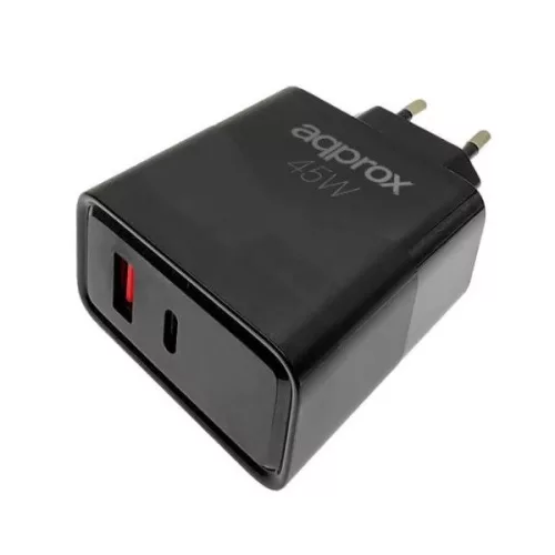 APPROX Telefontöltő - USB Type-C, USB-A port, 45W gyorstöltő + 1m USB Type-C kábel, Fekete