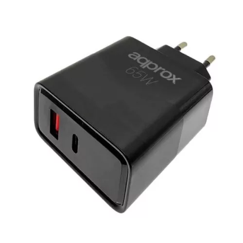 APPROX Telefontöltő - USB Type-C, USB-A port, 65W gyorstöltő + 1m USB Type-C kábel, Fekete