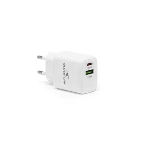 Bluestork Hálózati töltő - PW-30-CA (USB-C, USB-A, 30W, fehér)