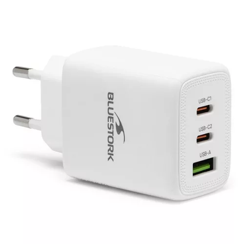 Bluestork Hálózati töltő - PW-65-CCA/0C (2xUSB-C, USB-A, 65W, fehér)