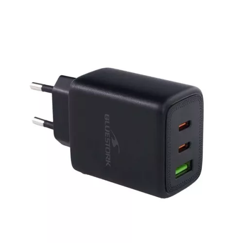 Bluestork Hálózati töltő - PW-65-CCA-B (2xUSB-C, USB-A, 65W, 2m kábel, fekete)