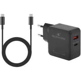   Bluestork Hálózati töltő - PW-BS-65-GAN-C-A (USB-C, USB-A, 65W, 1,8m kábel, gyorstöltés, fekete)