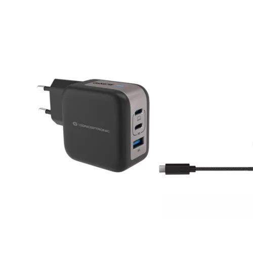 Conceptronic telefon töltő adapter+kábel - ALTHEA17B (2xUSB-C+USB-A, 67W, USB-C töltő kábel, fekete)